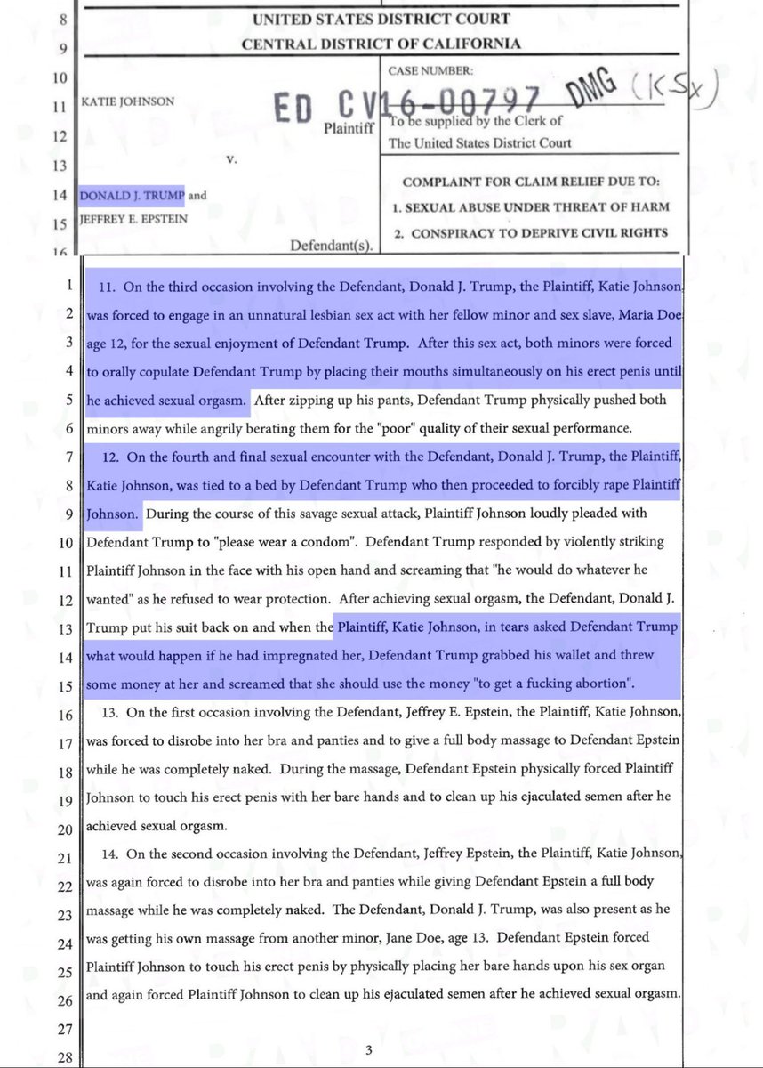 GenoVeno73's tweet photo. Today is Monday, September 28, 2026

This is your daily reminder that the U.S "president" @realDonaldTrump is a pedophile, and @SpeakerJohnson @MikeJohnson @AGToddBlanche the @GOP @HouseGOP @SenateGOP @Republicans are ALL covering it up.

I QUOTE: "On the third occasion involving the Defendant, Donald J. Trump, the Plaintiff, Katie Johnson was forced to engage in an unnatural lesbian sex act with her fellow minor and sex slave, Maria Doe age 12, for the sexual enjoyment of Defendant Trump."

👇👇👇