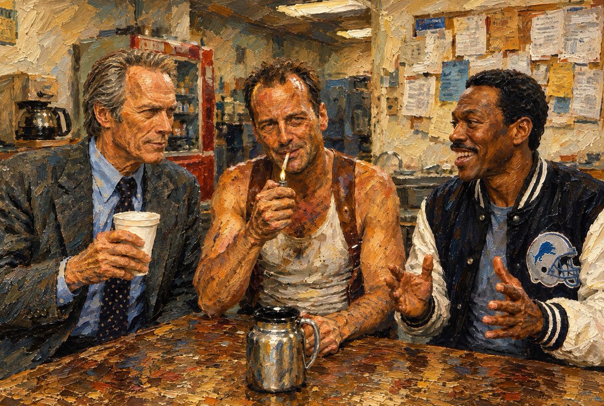 FTTB4942's tweet photo. “The Detectives Club.” Technically, one police inspector & 2 detectives. 😊 From left to right: “Dirty Harry” Callahan, John McClane, & Axel Foley. #aiart #DirtyHarry #DieHard #BeverlyHillsCop #80sMovies https://t.co/JE3skzO9cX