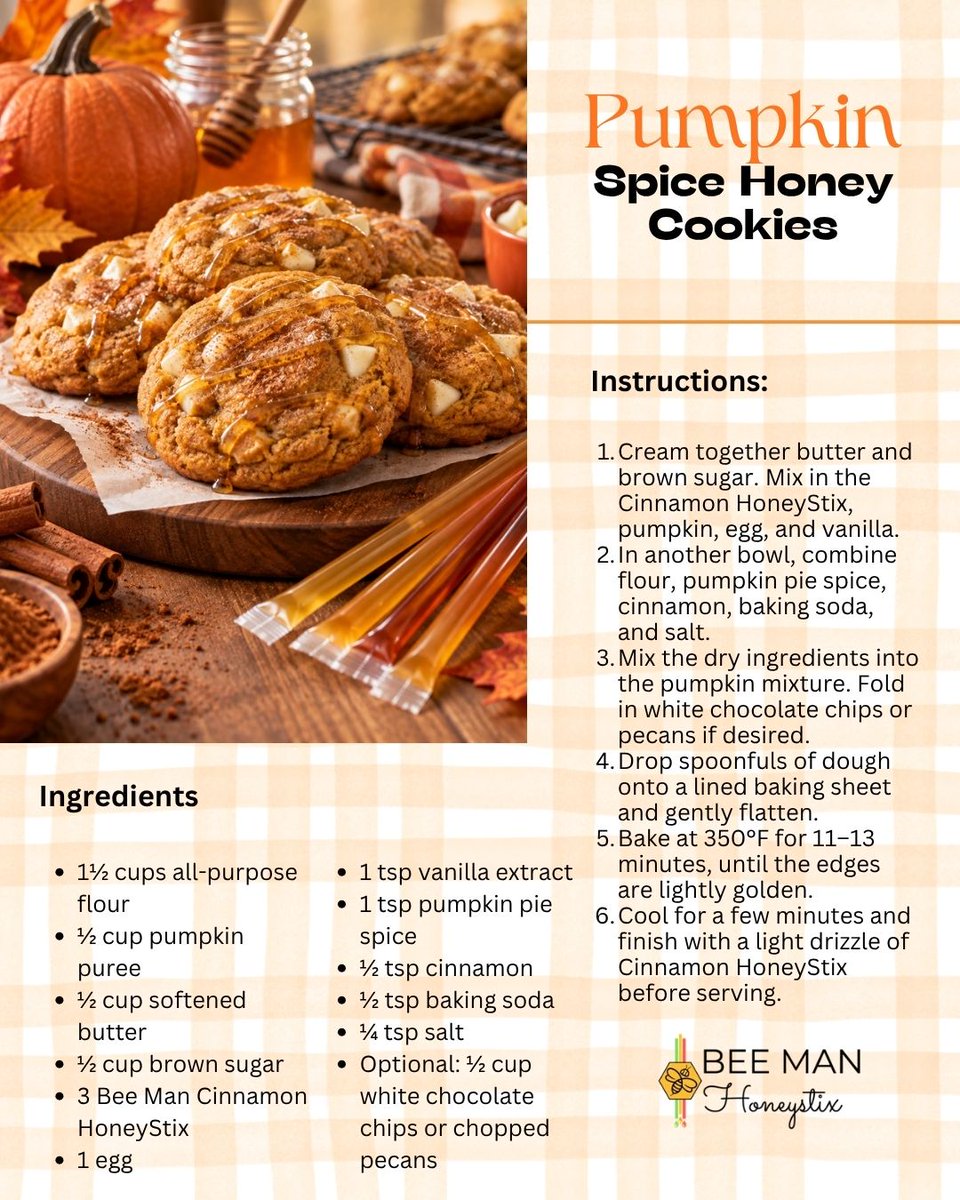 BeeManHoneystix's tweet photo. October 1 is National Pumpkin Spice Day AND National Homemade Cookies Day, so why choose?
Celebrate both with Pumpkin Spice Honey Cookies made with Bee Man Cinnamon HoneyStix, pumpkin, warm spices and white chocolate.
#BeeManHoneyStix #PumpkinSpice #HomemadeCookies https://t.co/ELXQFyW99R