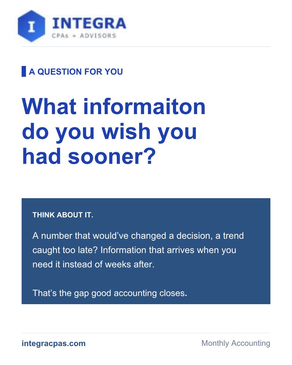 IntegraCPAs's tweet photo. What information do you wish you had sooner? Which clients are actually profitable, a cash crunch coming, or just knowing where you stand without doing the math yourself. That's usually the first thing that improves with current books. What's yours? https://t.co/kVJtor0r9V https://t.co/2sbq271B46