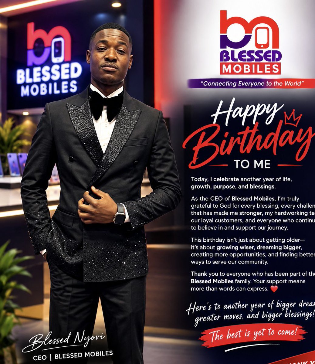 blessedmobiles's tweet photo. Chapter closed, blessings opened 🎂👑

CEO at heart, blessed boy forever 🙏🏼

Thank you Mom, thank you Lord, thank you Blessed Mobiles family ❤️

 #birthday #ceo #zimtiktok #fyp #blessedmobiles https://t.co/iti2Y6wA3m