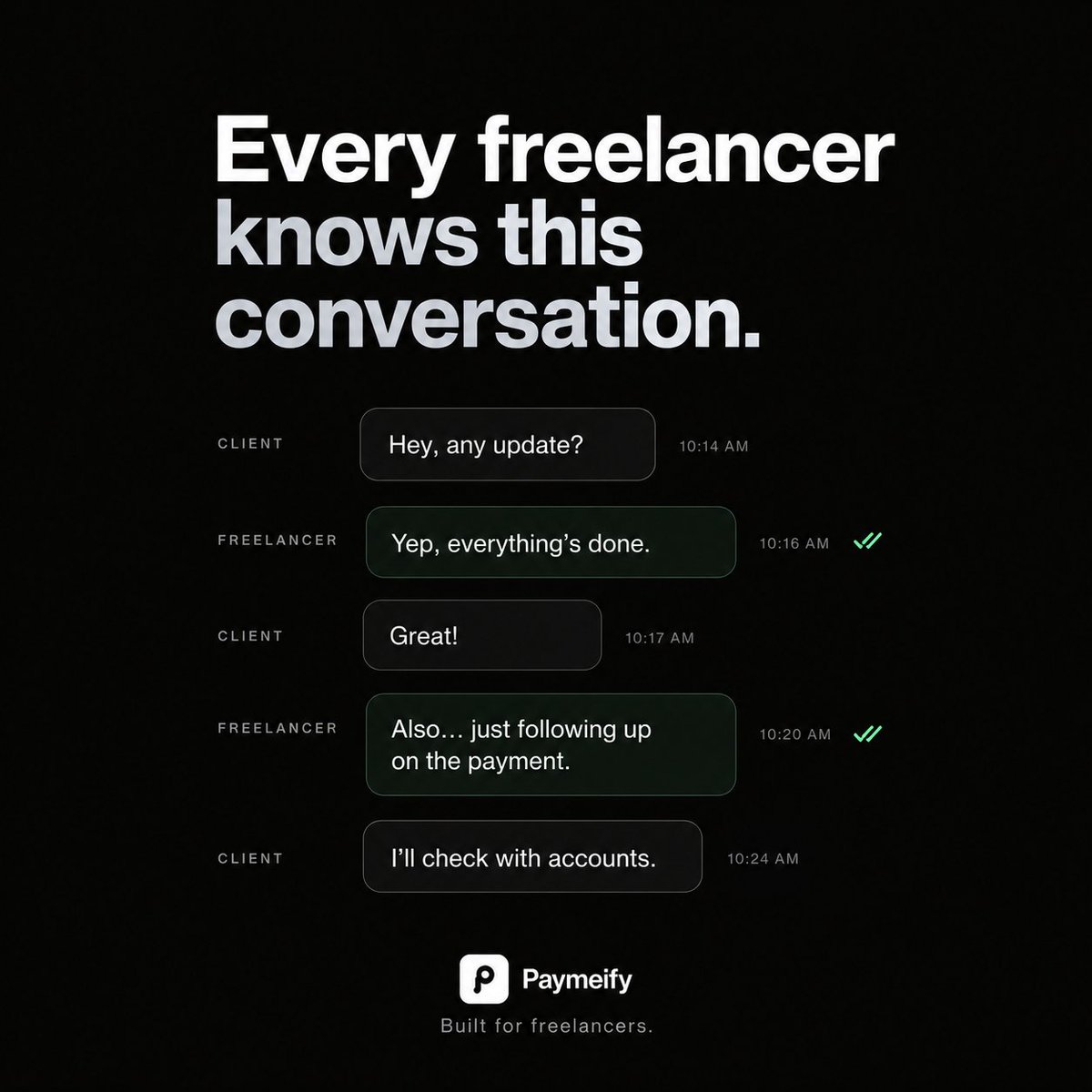 soulonweb's tweet photo. Freelancers have a weird job.
We can confidently sell $2,000 worth of work.
But somehow saying:
"Hey, can you pay the invoice?"

feels uncomfortable.
What's the most awkward payment follow-up you've ever had to send? https://t.co/VD8XV2W7PM