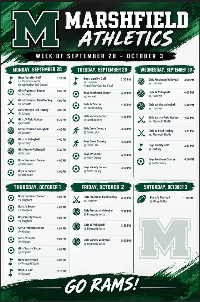 GORAMSathletics's tweet photo. This weeks schedule for Marshfield Athletics! https://t.co/iFIjJSlDAI