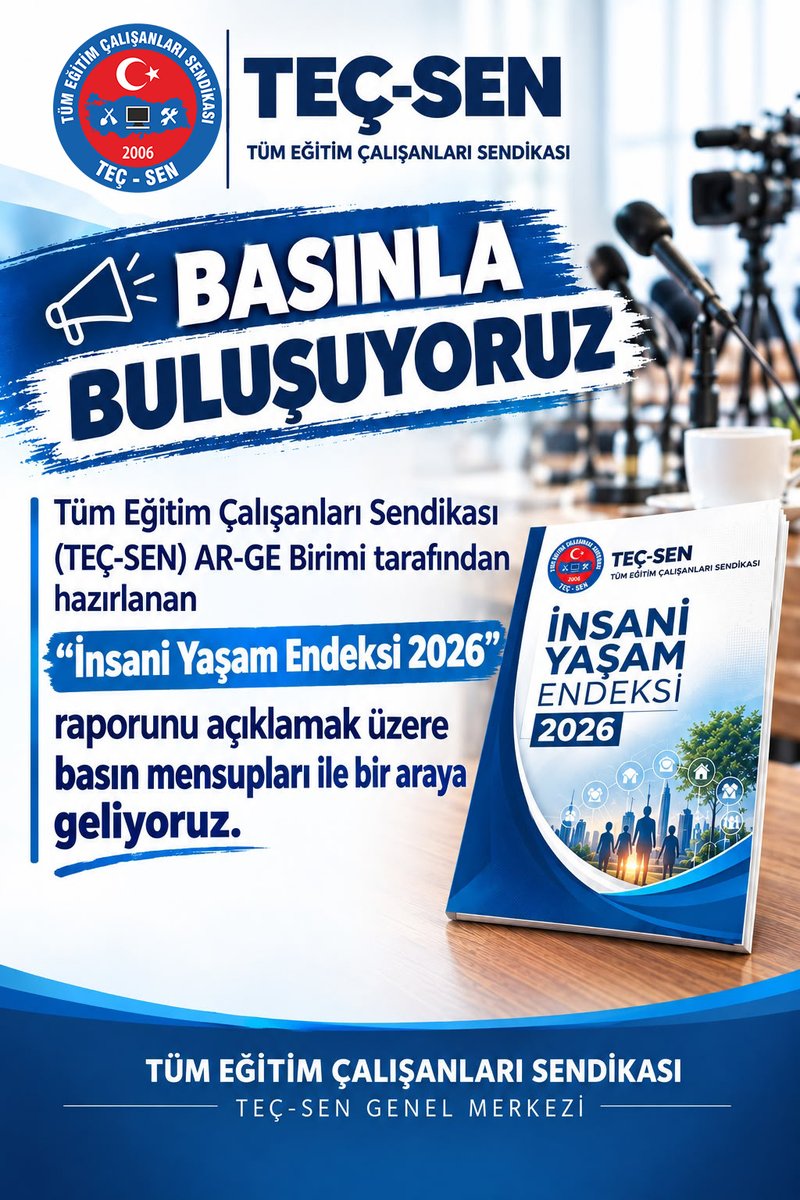 tecsen's tweet photo. İNSANİ YAŞAMIN GERÇEK MALİYETİNİ KAMUOYUYLA PAYLAŞIYORUZ

TEÇ-SEN AR-GE Birimimiz tarafından hazırlanan “İnsani Yaşam Endeksi 2026” raporunu kamuoyuna açıklıyoruz.
Bir insanın yaşamı yalnızca kira, mutfak ve faturadan ibaret değildir.

Sağlıklı beslenebilmek, sosyal hayata katılabilmek, çocukların eğitim ve gelişimini karşılayabilmek, dinlenebilmek ve geleceğe güvenle bakabilmek de insanca yaşamın ayrılmaz parçalarıdır.

Tek kişi, iki kişilik aile ve beş kişilik aile için hazırlanan araştırmamızda, insanca bir yaşamın gerçek aylık maliyetini tüm boyutlarıyla ortaya koyduk.

Araştırmamızın sonuçlarını Genel Başkanımız Ümit DEMİREL, düzenlenecek kahvaltılı basın toplantısında kamuoyuyla paylaşacaktır.

📅 02 Ekim 2026 Cuma
🕙 Saat 10.00
📍 Bahçetepe Kafe – Çankaya / Ankara

Basın mensuplarımızı toplantımıza davet ediyoruz.
Hayatta kalmanın değil, insanca yaşamanın maliyetini konuşacağız.

#TEÇSEN #İnsaniYaşamEndeksi2026 #İnsancaYaşam #EğitimÇalışanları #Emek #BasınToplantısı