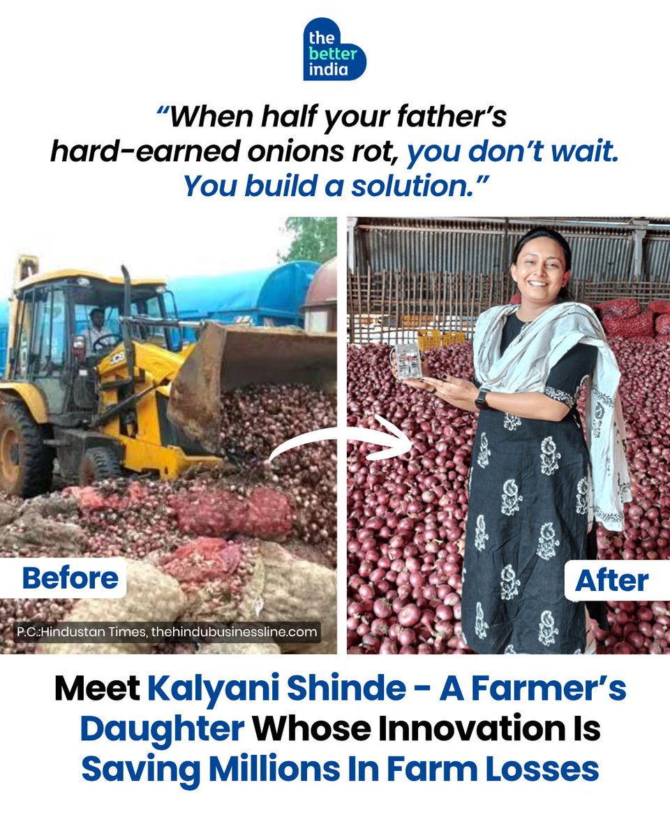 thebetterindia's tweet photo. Onions are getting sharply costlier, but for farmers, higher prices don’t always mean higher earnings.

A huge chunk of the crop can be lost to spoilage while sitting inside warehouses, often before farmers even realise it.

That’s the problem 23-year-old engineer Kalyani Shinde from Lasalgaon, Maharashtra, set out to solve with IoT-based sensors that can detect early signs of spoilage.

Swipe to see how she’s helping farmers turn traditional onion warehouses into smart ones.

#IndianFarmers #OnionFarmers #AgriTech #IoT #Godaam
[IoT sensors for onion storage, technology to reduce onion wastage, smart warehouses for farmers]