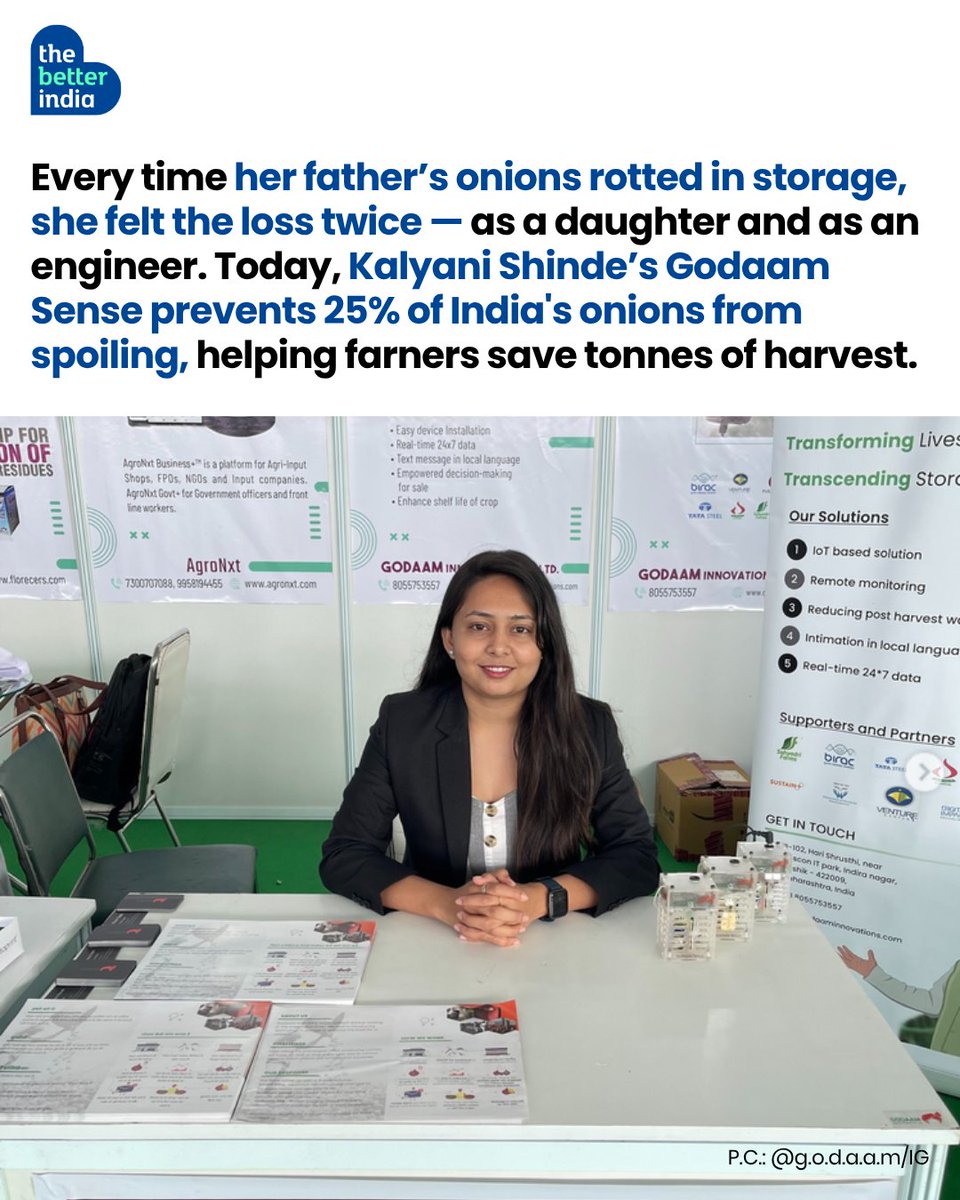 thebetterindia's tweet photo. Onions are getting sharply costlier, but for farmers, higher prices don’t always mean higher earnings.

A huge chunk of the crop can be lost to spoilage while sitting inside warehouses, often before farmers even realise it.

That’s the problem 23-year-old engineer Kalyani Shinde from Lasalgaon, Maharashtra, set out to solve with IoT-based sensors that can detect early signs of spoilage.

Swipe to see how she’s helping farmers turn traditional onion warehouses into smart ones.

#IndianFarmers #OnionFarmers #AgriTech #IoT #Godaam
[IoT sensors for onion storage, technology to reduce onion wastage, smart warehouses for farmers]