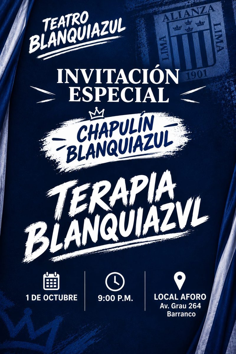 Chapulingrone's tweet photo. ¡VUELVE TERAPIA BLANQUIAZVL! 🎭⚽

*Solo los 5 jueves de OCTUBRE*¡Porque hay pasiones que no se explican, SE VIVEN! 💙🔥 

 ¡Aprovecha la *PREVENTA S/35

 escribiendo al WhatsApp +51 960 117 638

Gracias por la invitación al estreno de Terapia Blanquiazul... Vamos todos!!!! https://t.co/KJKuZQrPwL