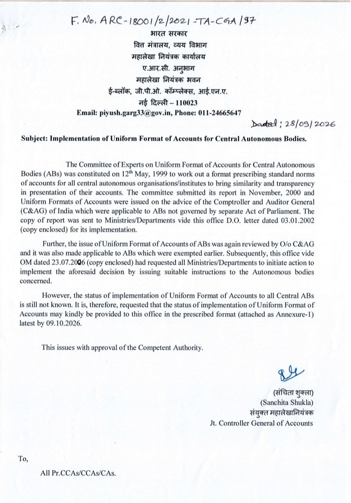 h_pongilath's tweet photo. Controller General of Accounts of India - Department of Expenditure - Order (28th Sept' 2026) - Implementation of Uniform Format of Accounts for Central Autonomous Bodies
#CGA https://t.co/qvunAzHIrz