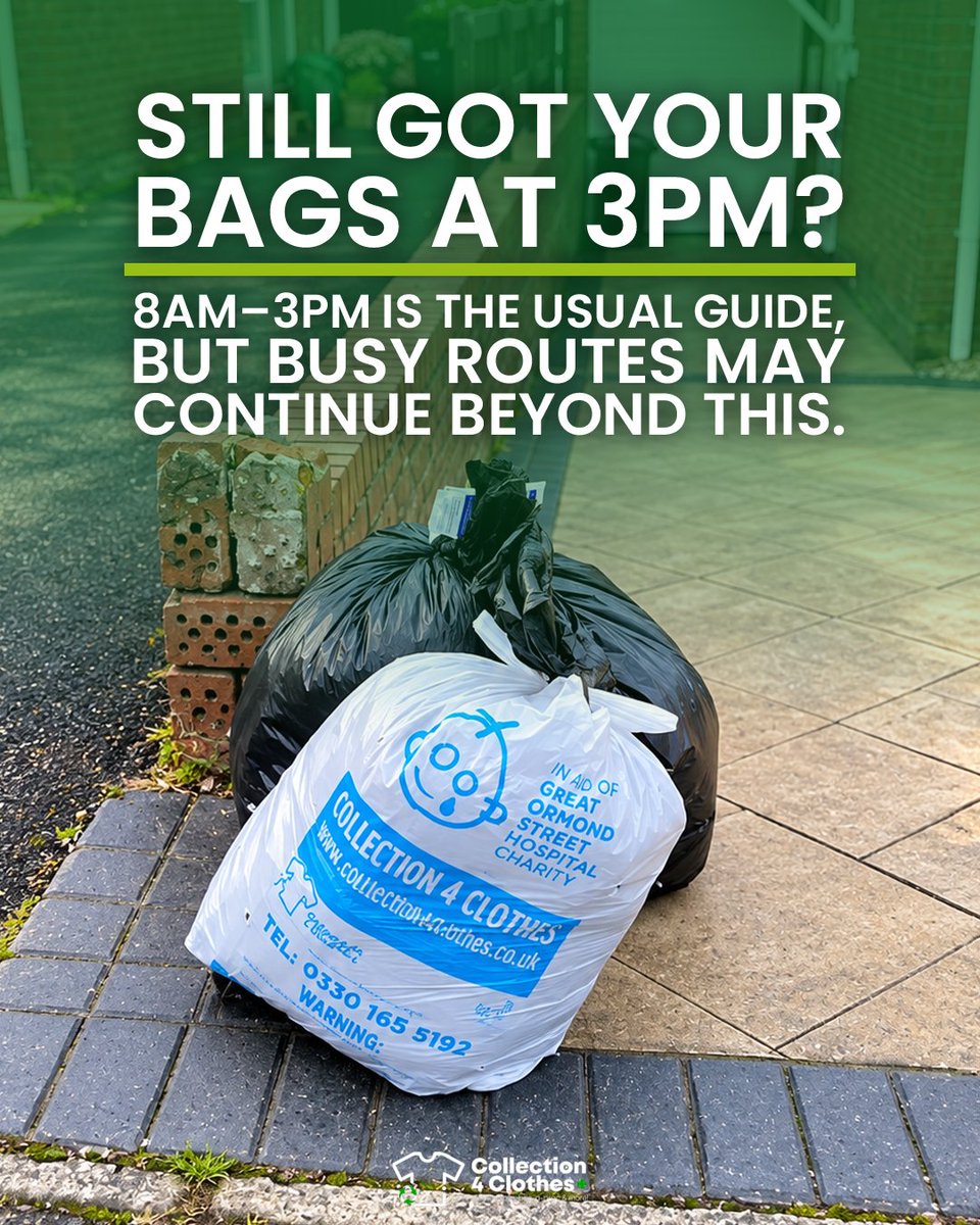 Collection4C's tweet photo. Still waiting after 3pm? Your collection may still be on the way. 🚐

Our usual window is 8am–3pm, but traffic, road restrictions, larger collections and warehouse unloads can sometimes mean drivers continue until 5pm–7pm.

Thanks for your patience. 💚 https://t.co/EEPJcUOFuL