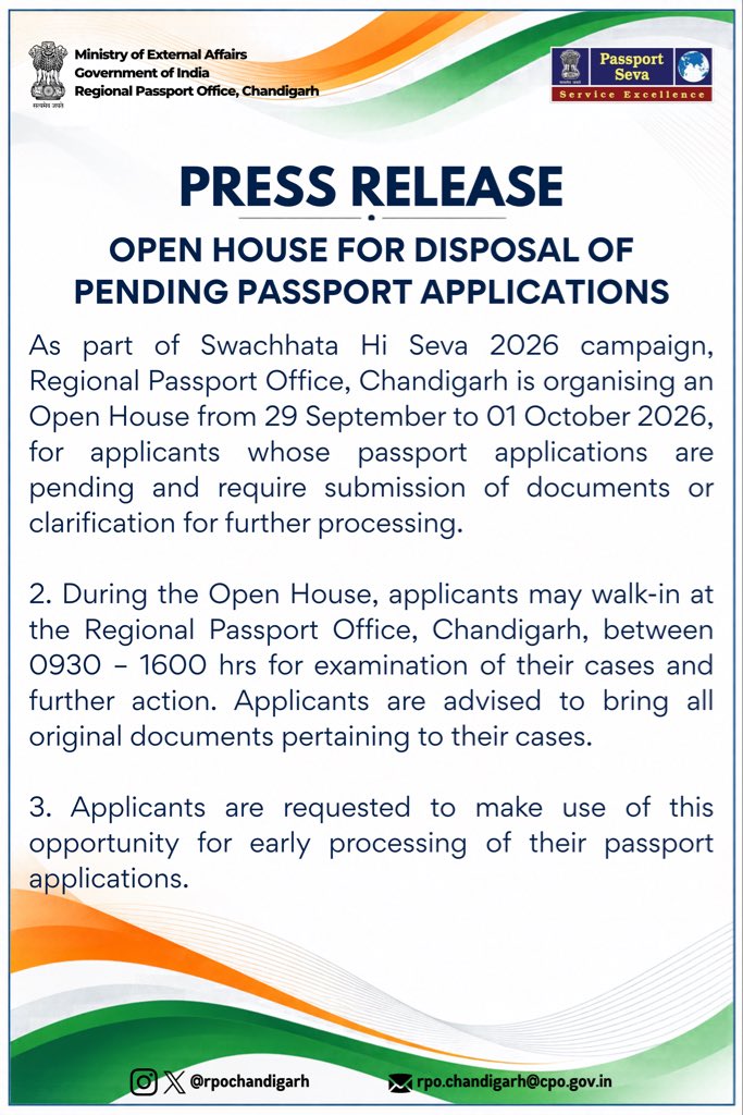 rpochandigarh's tweet photo. Open House being counducted at RPO Chandigarh from 29.9 to 01.10, as part of #SwachhataHiSeva2026 Campaign

Applicants may walk-in for processing of their applications between 09.30 - 1600hrs. https://t.co/Lfhq7oomPT