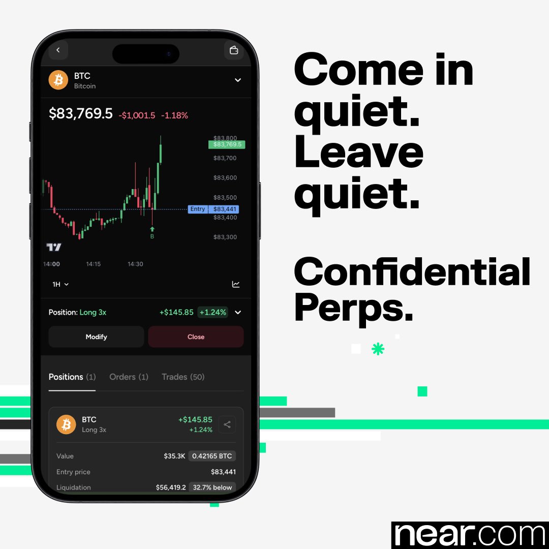 NEARProtocol's tweet photo. Come in quiet. Leave quiet.

Deposit to near.​com perps from any chain. Withdraw whenever. Both stay out of public view.

Confidential perps, live on near.​com. https://t.co/NJ6qBwVkNb