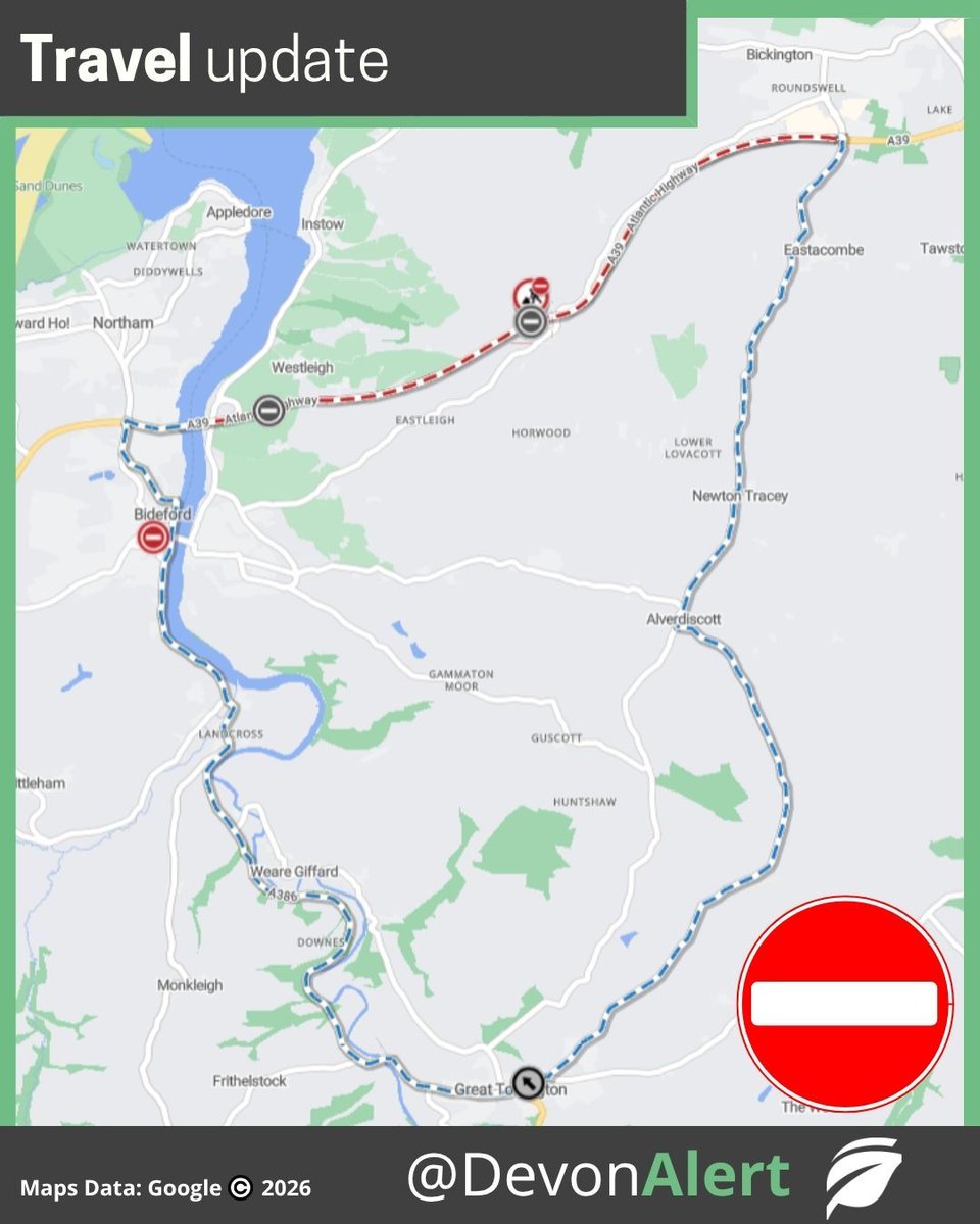 DevonAlert's tweet photo. 28/9/2026 - 3.00pm
The A39 Barnstaple By-Pass will be closed from Roundswell to Torridge Bridge each weekday night. This is for patching works on behalf of Devon County Council and will be carried out from 9.00pm-5.00am for the next two weeks. 
Diversions are in place. NG #Devon https://t.co/jgg8bxRqJj