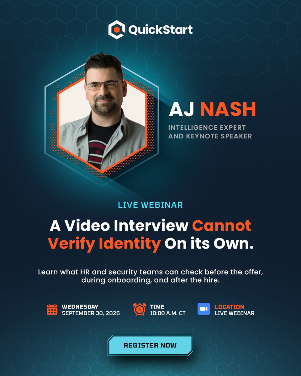 QuickStartIntel's tweet photo. Can a video interview verify who you’re hiring?

Join QuickStart and AJ Nash on Sept. 30 at 10 a.m. CT to explore stolen identities, AI-assisted interviews, and practical checks for remote hiring.

Reserve your spot: https://t.co/2HsSq5gkW5

#Cybersecurity #HiringRisk https://t.co/Sr2HhUYYxN