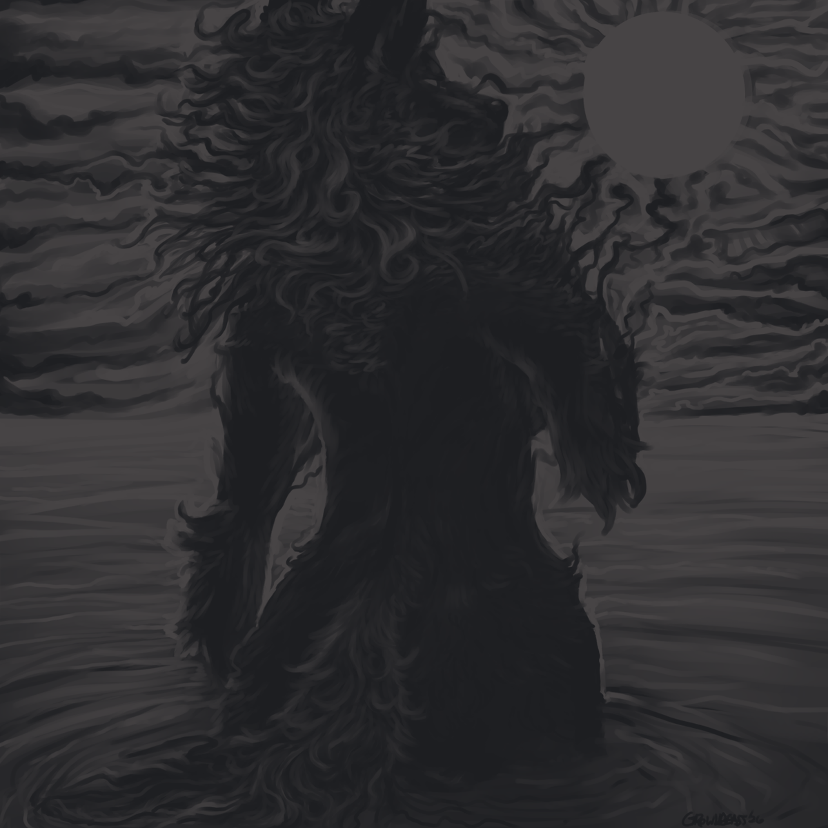 Growlbeast's tweet photo. BLACK SUN
--
I made this to experiment with working with one brush, on one layer and using only one color (and just erasing for negative space)!  
This was a lot of fun!  

I'm currently hosting a mini art challenge for others to create  something similar in my discord server! https://t.co/g4VRxYl7bF