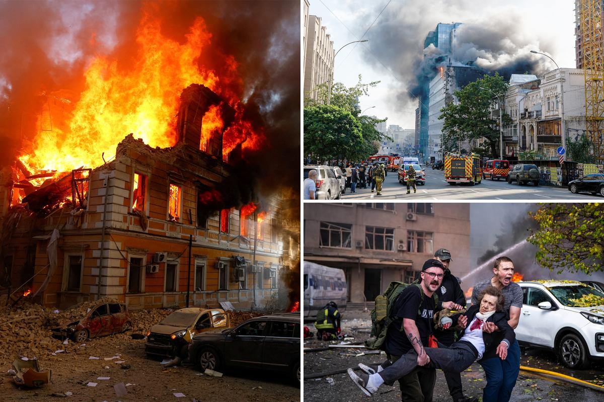 nypost's tweet photo. Russian drones hammer apartments, offices and a cultural landmark in Kyiv, killing at least 7 https://t.co/tlMyVaRhXS https://t.co/lCNpPL8NnX