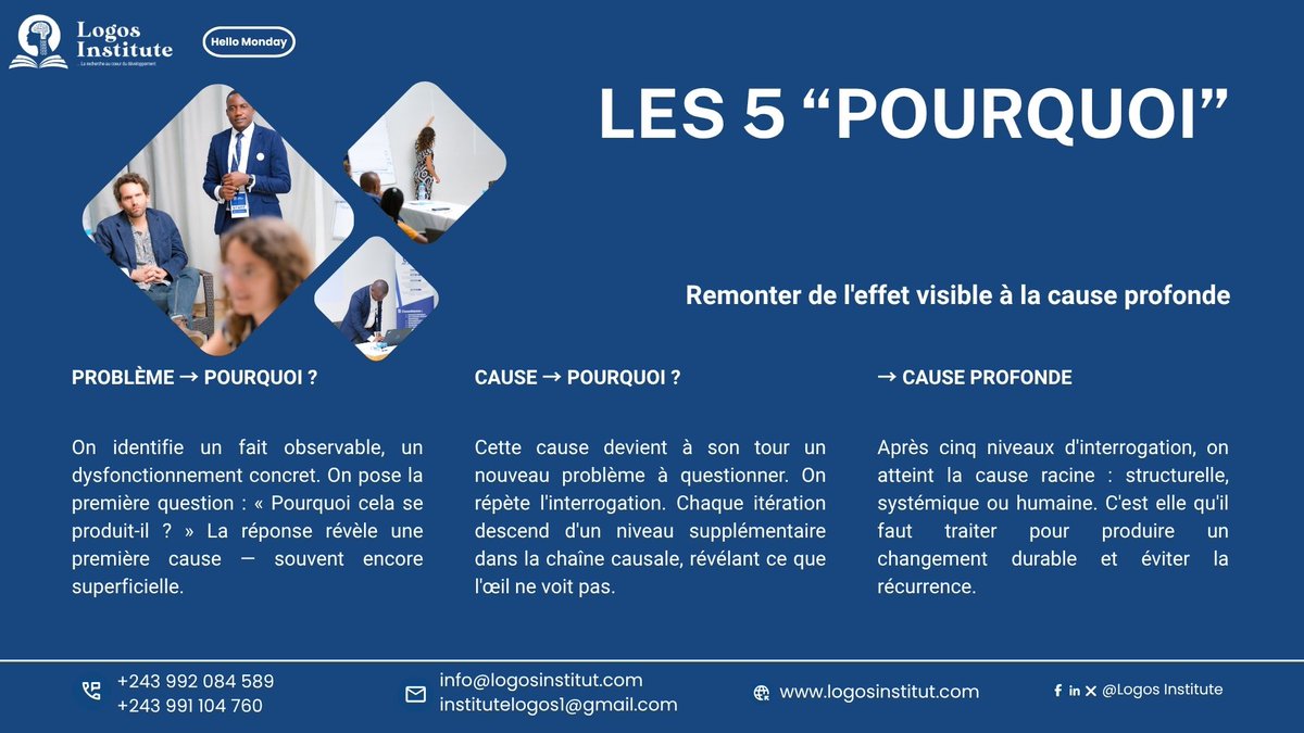 logosinstitute_'s tweet photo. La méthode des 5 "Pourquoi" permet de dépasser le premier constat en questionnant les causes d’un problème:
1️⃣ Identifier
2️⃣ Pourquoi ?
3️⃣ Re-questionner
4️⃣ Approfondir
5️⃣ Vérifier
Cette méthode doit toutefois être complétée par l’observation du terrain, la collecte et l’analyse. https://t.co/yZXRJbrPws