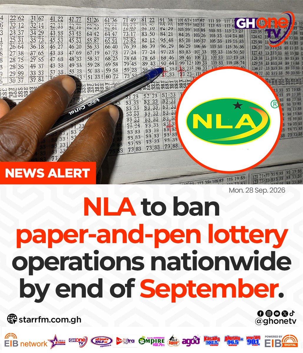 ghonetv's tweet photo. NLA to ban paper-and-pen lottery operations nationwide by end of September...

#EIBNetwork #GHOneTV
#GHOneNews #NewsAlert https://t.co/PTcFF38dvn