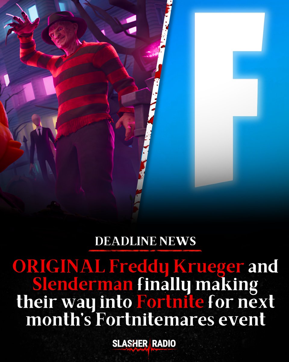 SlasherRadio's tweet photo. Robert Englund's ORIGINAL FREDDY KRUEGER is finally making his way into @Fortnite for this year's Fortnitemares Event! 💤

SLENDERMAN also confirmed, marking his first official game appearance since SLENDER: THE ARRIVAL in 2013

Use code SLASHERRADIO in Epic & Fortnite store ✅