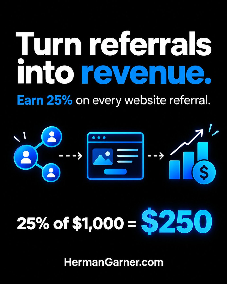 hermangarner3's tweet photo. Earn 25% Referring Website Clients. A $1000 website sales pays you $250 https://t.co/cq5KawoQKh #website #smallbusiness #marketing https://t.co/jcNg3qT5PC