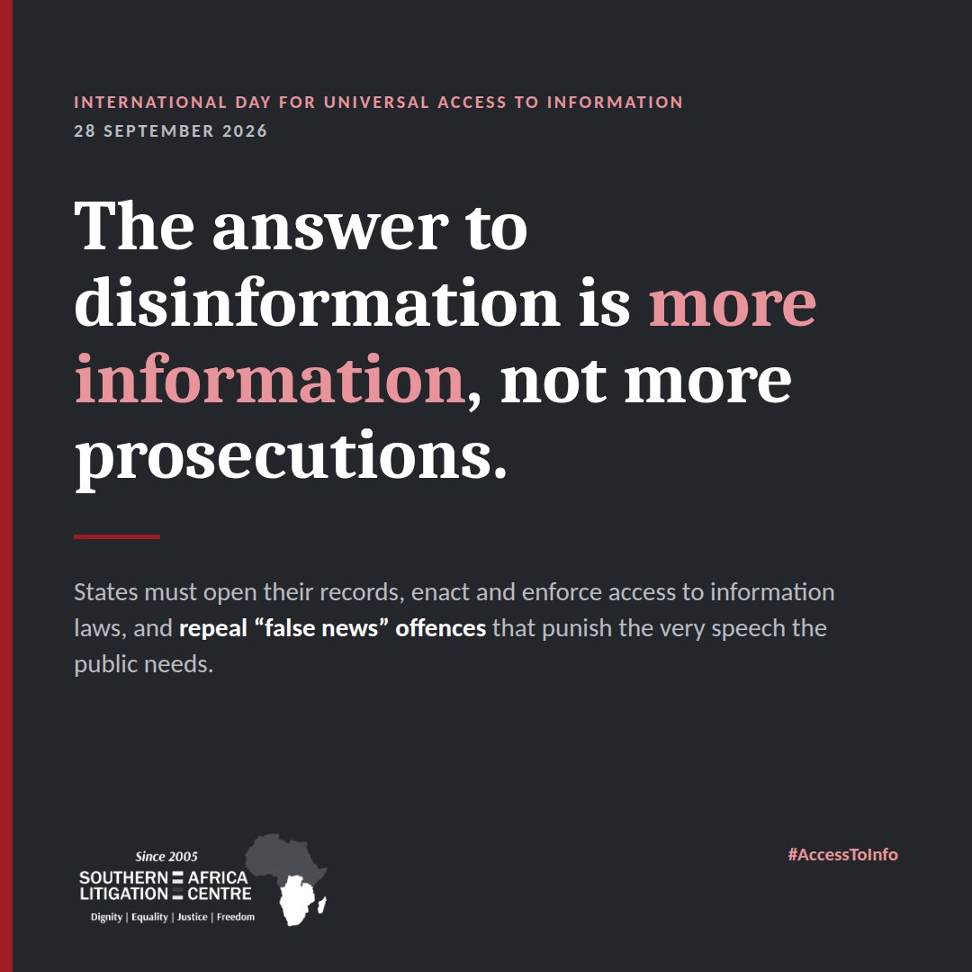 MelusiSiboniso's tweet photo. On #AccessToInfo Day, @achpr_cadhp reminds us that reliable, transparent information is the best defence against disinformation.
The answer is more information. States must open their records, enforce access-to-information laws, and repeal "false news" offences. #IDUAI2026 https://t.co/TLS0ZEBSrs