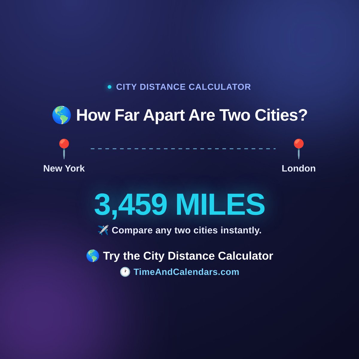 TimeAndCalendar's tweet photo. 🌎 HOW FAR APART ARE TWO CITIES?
Planning a trip?
Compare cities and check the distance between them.
📍 City A
📍 City B
✈️ Distance
Explore the City Distance Calculator.
#CityDistance #TravelPlanning #Travel #Geography #Calculator #TimeAndCalendars https://t.co/rdQoZtm2iH