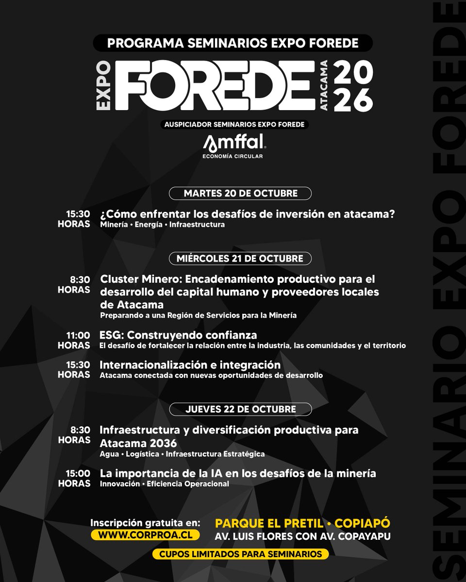 CORPROA's tweet photo. ¡Inscríbete en los Seminarios de EXPO FOREDE 2026!

Inscripción gratuita en https://t.co/lgiI5li7kY

Sé parte del encuentro de negocios más importante de #Atacama - EXPO #FOREDE 2026 - este 20, 21 y 22 de octubre en Parque El Pretil, #Copiapó.

¡Cupos limitados para seminarios! https://t.co/7gXiteO6wn