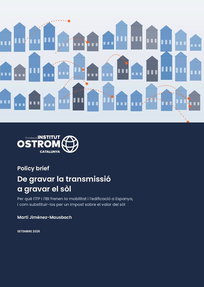 InstitutOstrom's tweet photo. ✍🏼 Publiquem nou informe: “De gravar la transmissió a gravar el sòl. Per què l'#ITP i l'#IBI frenen la mobilitat i l'edificació i com substituir-los per un impost sobre el valor del #sòl”

Estimem els efectes de rebaixar l'ITP de l'habitatge habitual al 4% i convertir l'IBI en un impost sobre el valor territorial del sòl (Dinamarca, Estònia, Singapur), per deixar de penalitzar qui construeix o rehabilita. 

La proposta posaria a la venda 38.000 habitatges a Catalunya i 4.700 a la ciutat de Barcelona (segons una simulació de Monte Carlo de 50.000 iteracions, calibrada amb elasticitats de la literatura economètrica).

https://t.co/7Aoejp13W6