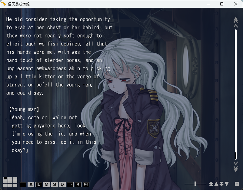 KEVINNGW808's tweet photo. Argokaj announces English FanTL for raiL-soft &amp; Business Partner Co.,Ltd. "Albatross Koukairoku".
The entire script has translated, editing the script so the text displays nicely, finished the image editing of various UI elements as well.
No AI used for its TL.

Release date TBA. https://t.co/A5IGr0VMS3