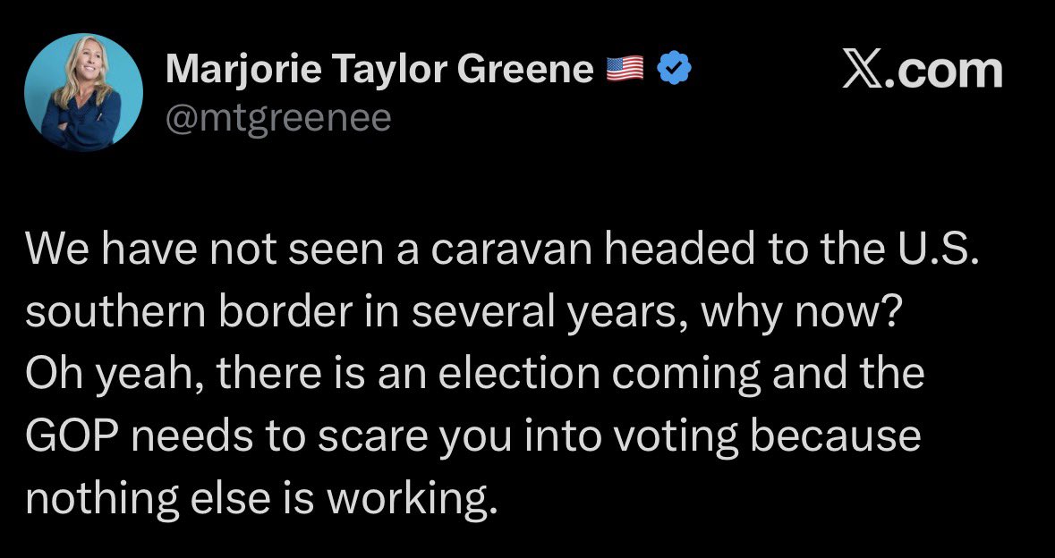 Badhombre's tweet photo. This is the culmination of brain rot.

Never mind that migrant caravans crossed the border throughout Biden’s entire presidency, the wild assertion being made here by the scorned Neanderthal woman is that GOP operatives traveled to San Pedro Sula, Honduras, rounded up 300 people, and are trafficking them through Mexico to the U.S. Southern border as part of an elaborate psychological operation to manufacture urgency among GOP voters ahead of the midterm elections.