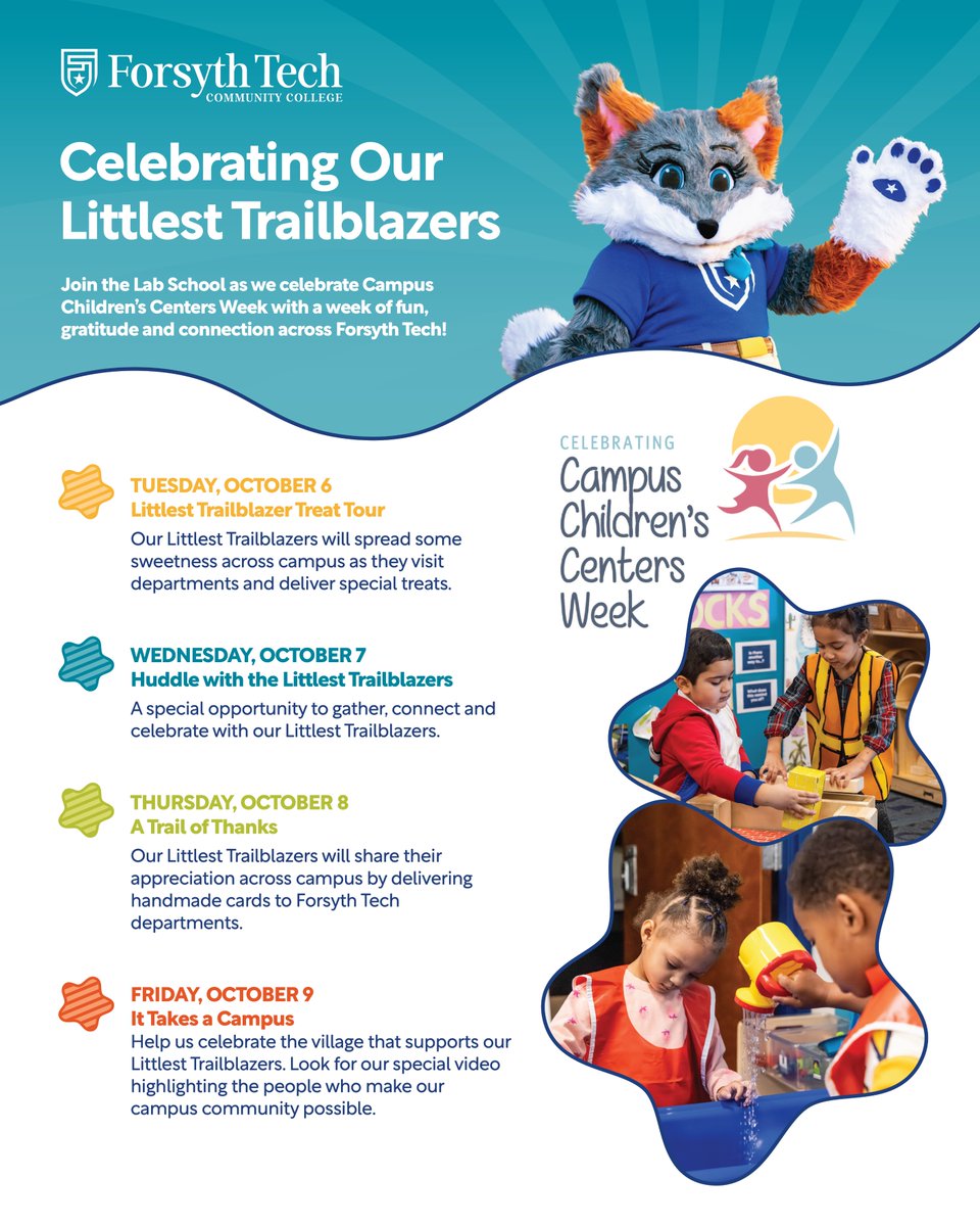 ForsythTechCC's tweet photo. 🧸💙 It Takes a Campus!
We’re celebrating Campus Children’s Centers Week with our Littlest Trailblazers! From sharing sweet treats and handmade cards to connecting with the Forsyth Tech community, our little ones are spreading joy across campus all week long. ✨

Join us as we celebrate the Littlest Trailblazers and the community that helps them grow! 💙

#ForsythTech #PlaceOfPromise