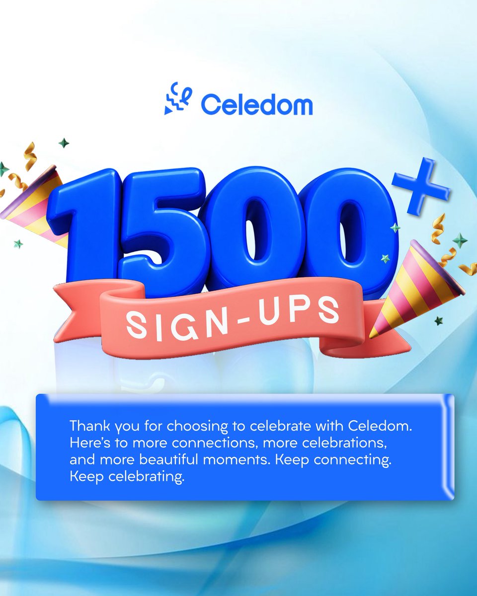 CeledomApp's tweet photo. Celebrating a new milestone! We have 1,500 active sign ups on Celedom!

#celedom #celebration https://t.co/1LvioJzmon