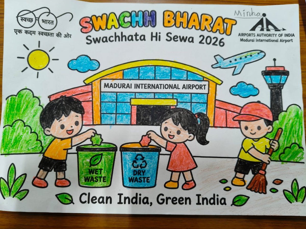 aaimduairport's tweet photo. #SHS - Swachhata se samriddhi.
Painting competition with swachh theme was organised at AAI Residential colony, #MaduraiAirport.
Children's participation was good in the competition, making it a success 🎨 🧹 https://t.co/tX1WFg0fev
