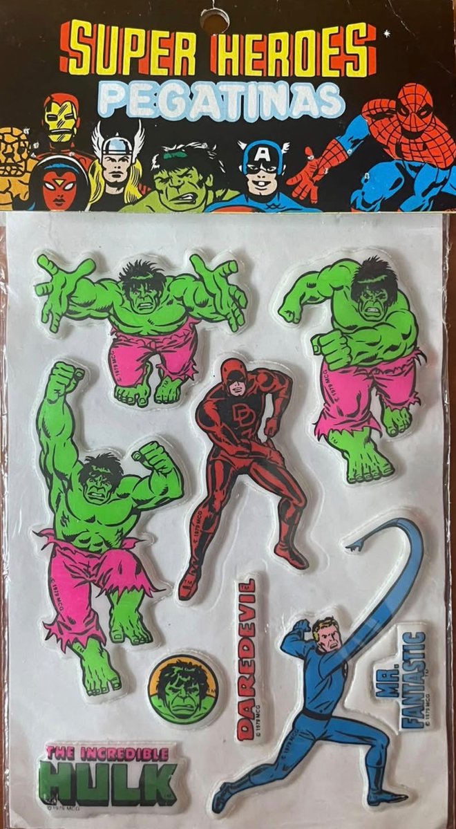 toys_retro's tweet photo. Super Heroes Pegatinas — Hulk, Daredevil &amp; Mr. Fantastic! 💥 #Marvel #IncredibleHulk #Daredevil #MrFantastic #VintageMarvel #RetroStickers #70sMarvel #Superheroes https://t.co/eURD5GIQ4z