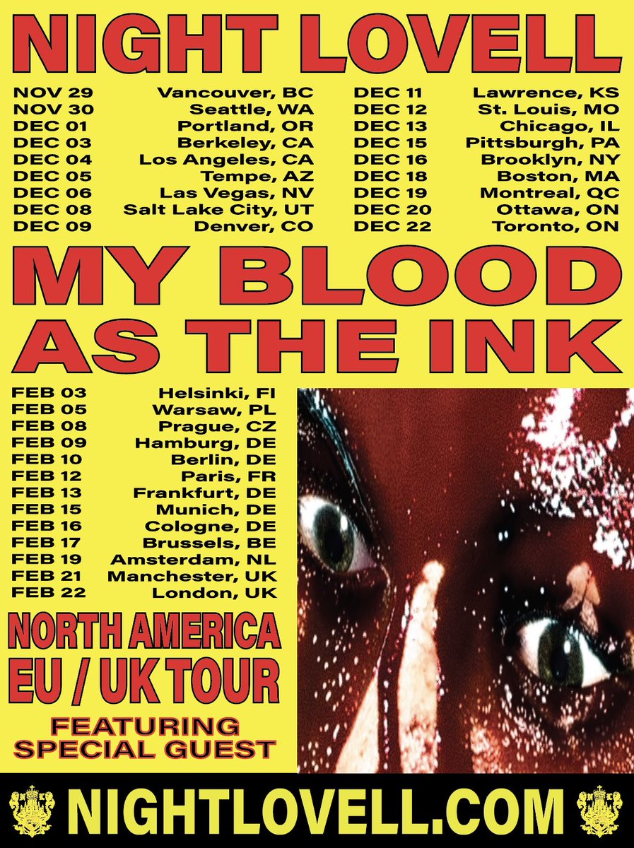 nightlovell's tweet photo. MY BLOOD AS THE INK TOUR . PRESALE WEDNESDAY 10AM LOCAL. TICKETS ON SALE FRIDAY 10AM LOCAL. https://t.co/MwvdfPLCEH https://t.co/GpbEsplD6W