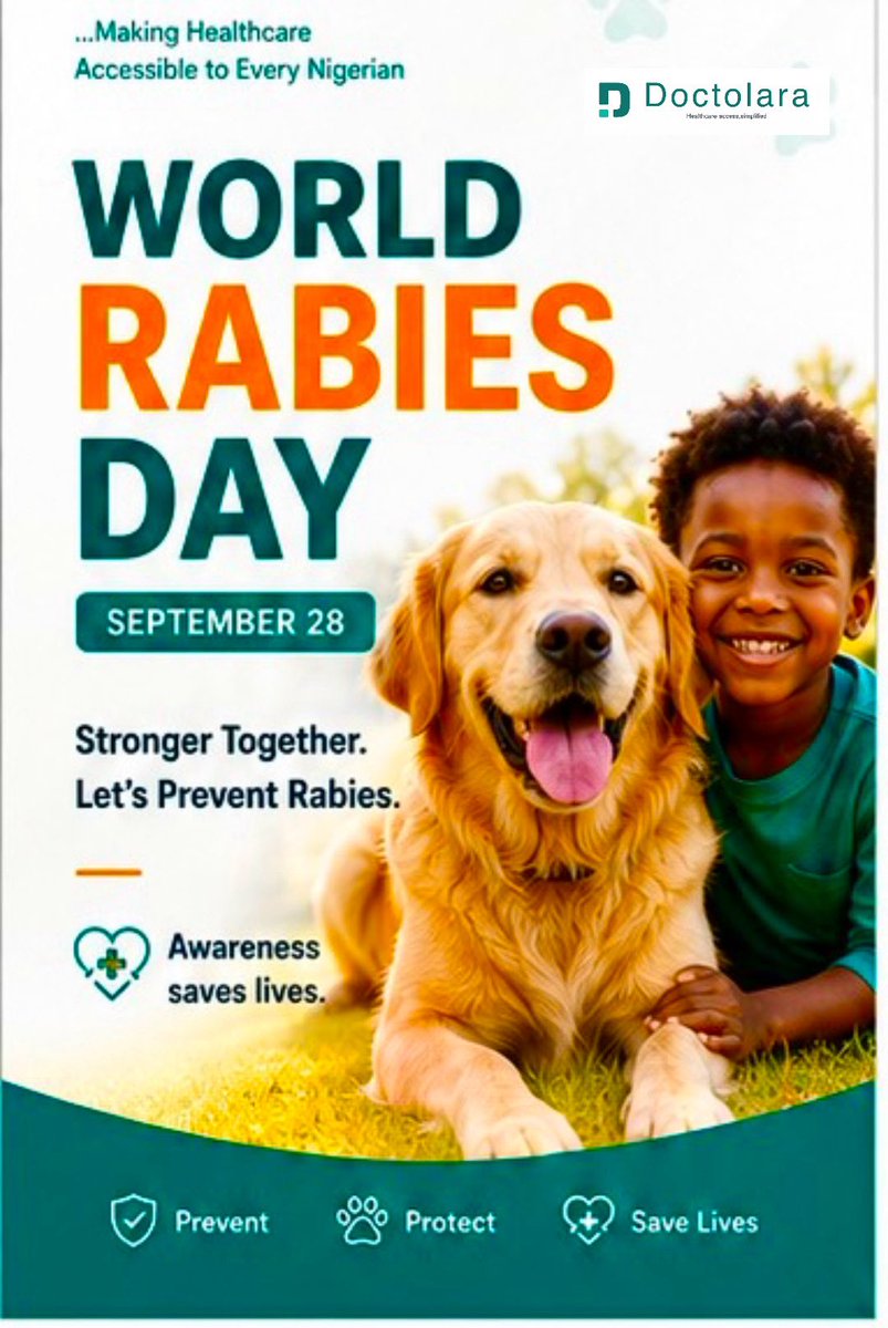 doctolara's tweet photo. World Rabies Day
Rabies is preventable. Awareness saves lives.

Rabies is a deadly disease that spreads to humans through the bites or scratches of infected animals, especially dogs.

But here's the good news: Rabies is preventable.

#doctolara #rabiesawareness #rabiesprevention https://t.co/hgYyf89uXK