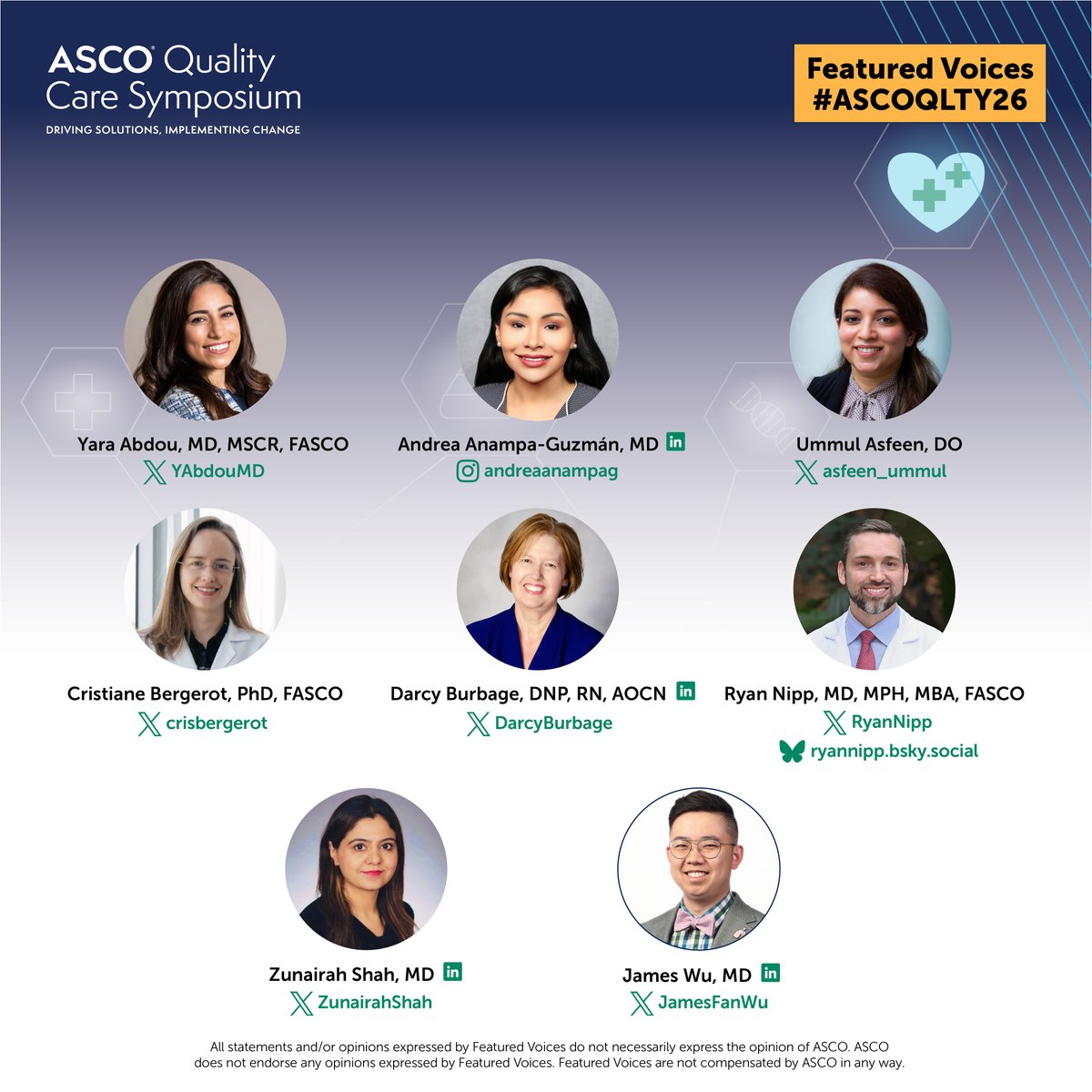 ASCO's tweet photo. Announcing the ASCO Quality Care Symposium Featured Voices! Follow them before, during, and after the meeting for expert insights. Join the conversation w/ the official hashtag #ASCOQLTY26. 

Registration is open: https://t.co/DcsHi9cRty https://t.co/cIhMv83I8G