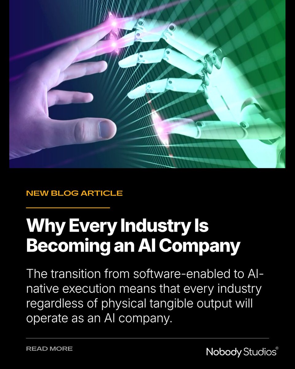 NobodyCrowd's tweet photo. AI isn't just creating new companies. It's changing every company.

For years, becoming a “tech company” meant putting your business online. Now, something bigger is happening.

Read the full article: https://t.co/OLsIywKcID 

#NobodyStudio https://t.co/qEAUOuN6WD