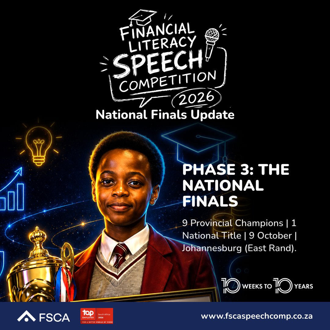 fscasouthafrica's tweet photo. The ultimate stage awaits! The 9 Provincial Champions have been crowned, and all eyes are on these stars for the National Finals on 9 October.

#FLSC10Years #FSLC26 #FinancialLiteracy  #FutureLeaders https://t.co/2k1V65iZ9g