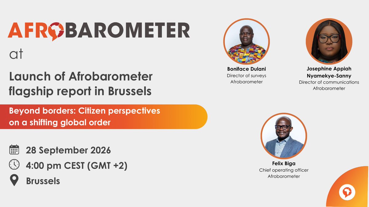 afrobarometer's tweet photo. We’re all set to kick off our Europe engagement with the launch of our flagship report in Brussels, organised in partnership with the European Centre for Development Policy Management (@ECDPM).

Join us live at 4:00pm CEST (2:00pm GMT): https://t.co/6lCUEZuYKI

The discussions will bring African citizens’ perspectives into global conversations on trade, migration, regional integration, and Africa’s place in a changing global order.

Follow us for updates from Brussels as we take our latest report to audiences across six capitals in Europe. 

Download our flagship report: https://t.co/v45cM1sCXu

#VoicesAfrica #AfricanInsights2026