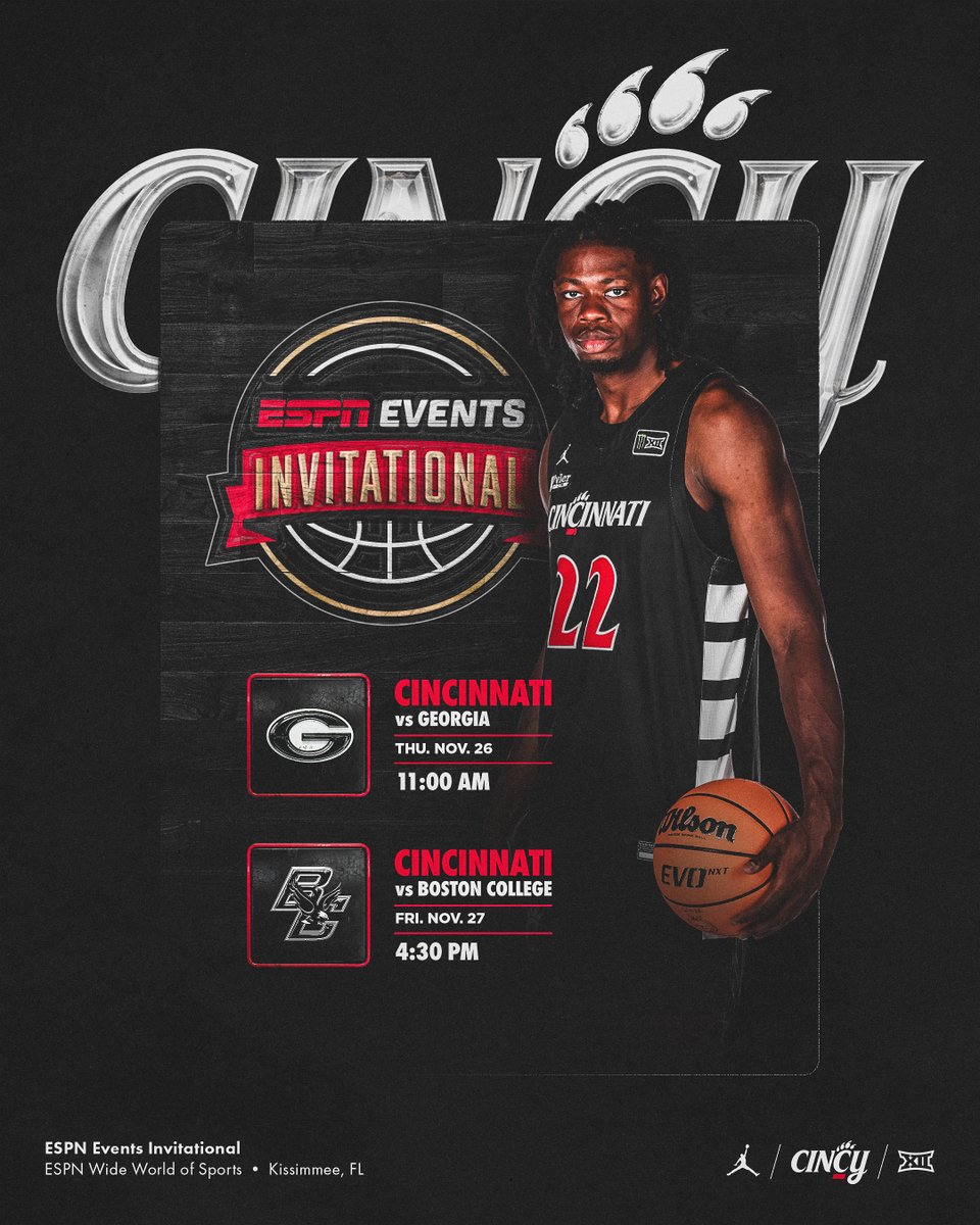 GoBearcatsMBB's tweet photo. Matchups and tip times are set for our appearance in the ESPN Events Invitational in Orlando. ๐ฆ https://t.co/Q2ce9km9Ep