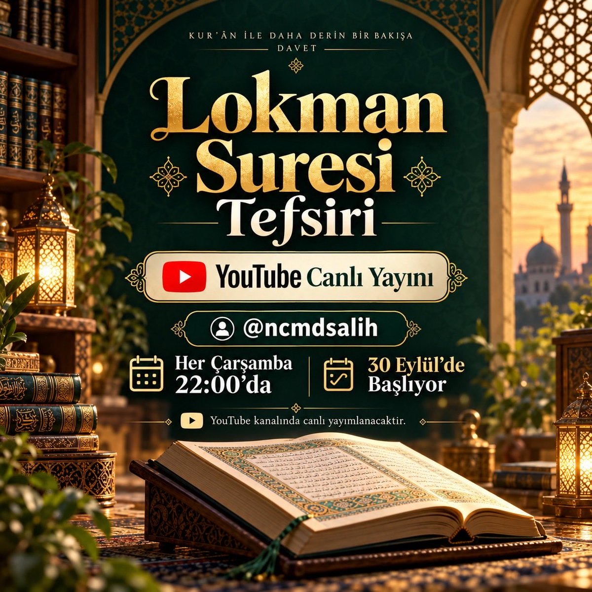 ncmdsalih's tweet photo. Tefsir derslerine devam ediyoruz 📣

Değerli dostlar, Allah nasip ederse bu Çarşamba gününden itibaren yeni bir sureyle canlı yayın tefsir derslerimize tekrar bismillah diyoruz. Lokman suresini işleyeceğiz inşallah. Yusuf, Kehf veya İsra gibi hacimli bir sure değil. 3 ay içinde biter diye tahmin ediyorum. Sonra Ramazan’da başka bir sureyle devam ederiz inşallah. Youtube kanalıma abone olmayı ve bildirimleri açmayı unutmayın. Bildirimleri açarsanız, yayın başladığı an bildirim gelir ve kaçırmazsınız. Kanal linki profilde mevcut. Muhibban-ı tefsire duyurulur…