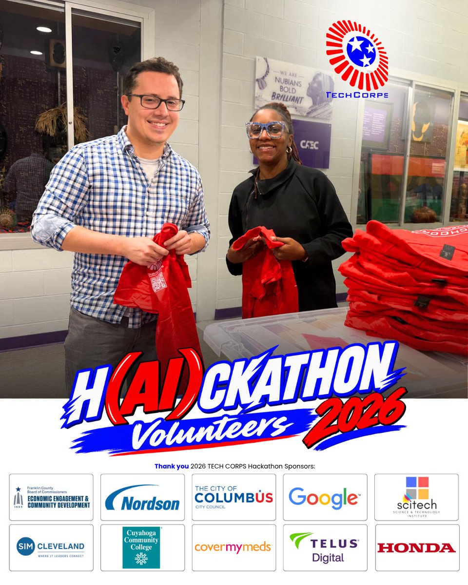 techcorpsus's tweet photo. Volunteer at the 2026 TECH CORPS Hackathon! Help Ohio students explore AI, create something original &amp; share their point of view.

🔹 Logistics
🔹 Judges

📍 Cleveland, Dayton, Elyria Nov. 7 &amp; Columbus Nov. 14

Sign up: https://t.co/zZCMt8jlbR

Please share! #TECHCORPS https://t.co/RorLPic1BE