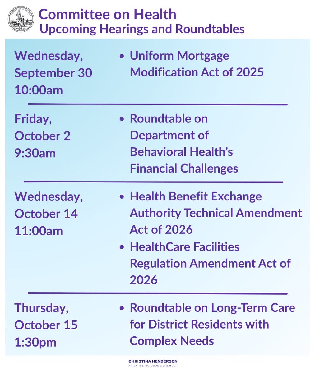 CMCHenderson's tweet photo. The Committee on Health is back in the swing of things and the next few months will be incredibly busy. 

Stay informed with our upcoming schedule!

You can register to testify at a hearing here. 👇 

https://t.co/uzuFyn7vgq https://t.co/NKM10X6tOe