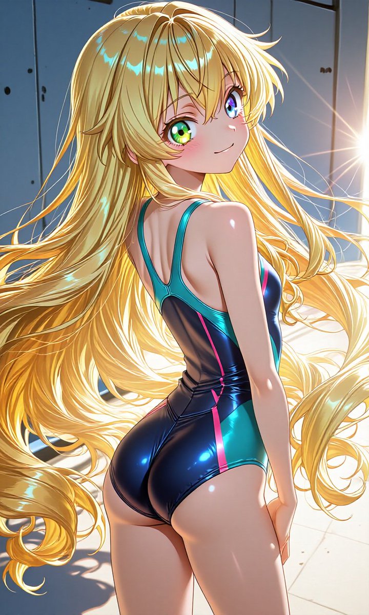Furo81929's tweet photo. 金髪のスク水少女はいかが？
#AIイラスト　＃AIart　＃女の子　＃スク水　＃金髪 https://t.co/sX048kgOYl