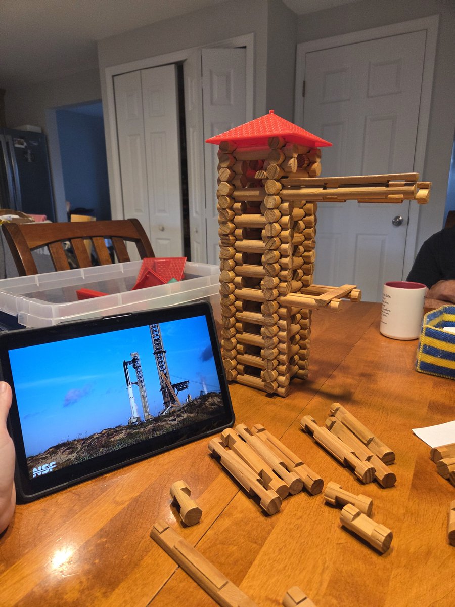 SneakyDewski's tweet photo. @SpaceX @Starlink Good Morning! I started at T-10mins and finished T-0:30. Launch Days are always fun! #starship #flight14 #launchtower @playskool #Lincolnlogs #spaceflight #resume <--Lol😉🤣 https://t.co/zWG59soO8I