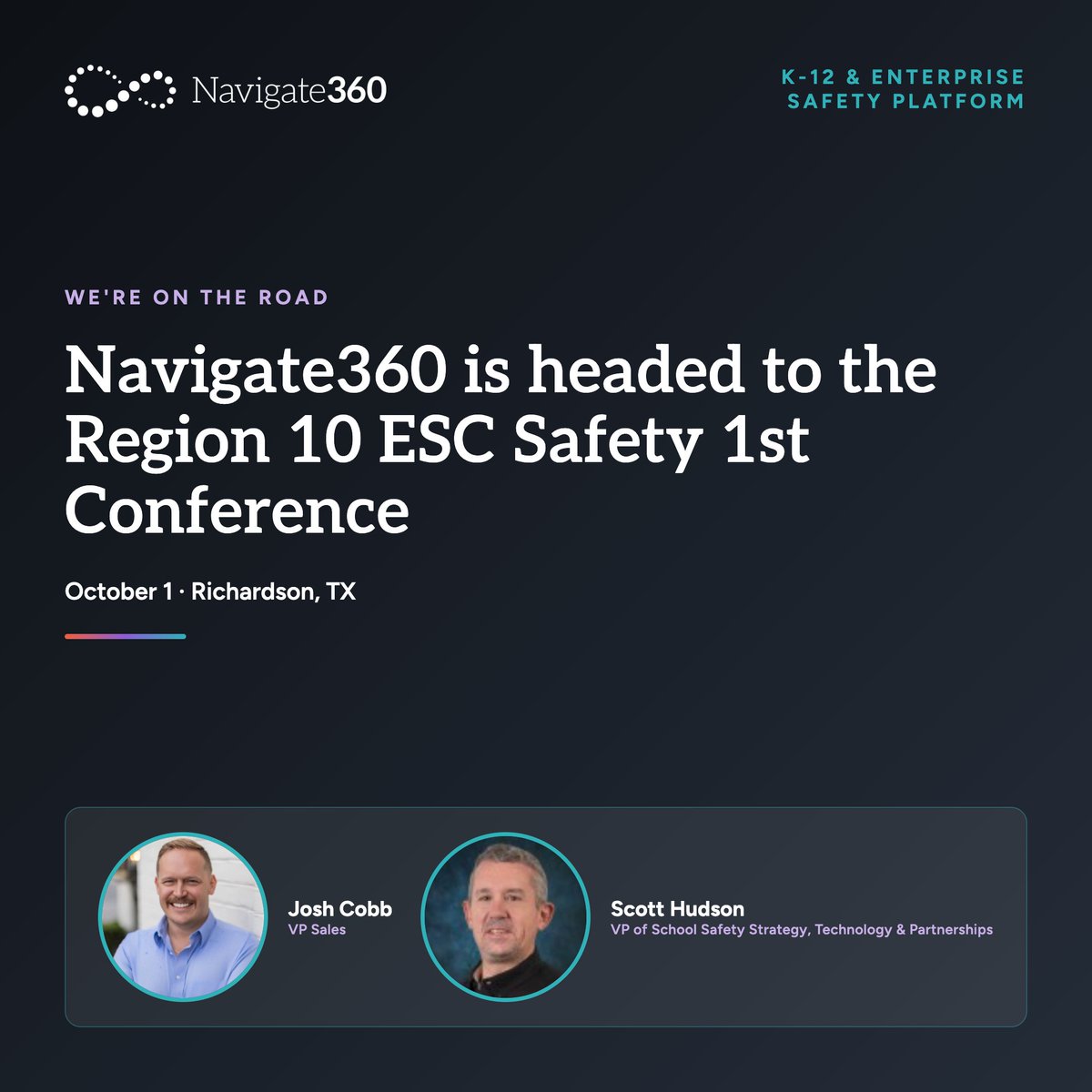 Navigate360_'s tweet photo. Navigate360 is proud to sponsor the Region 10 ESC Safety 1st Conference in Richardson, TX on Oct 1! 

Stop by our table to talk school safety strategy and see our solutions in action. See you there! 🛡️​

#SchoolSafety #Safety1stConference #Region10ESC https://t.co/4JysrObytj
