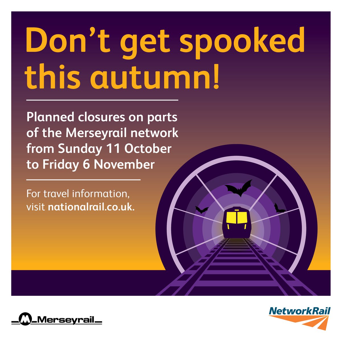 merseyrail's tweet photo. Engineering work will affect parts of the Merseyrail network from 11 October to 6 November. 

For more information and to plan your journey, visit: https://t.co/u3duhEpEqG https://t.co/ZnR790Rsmc