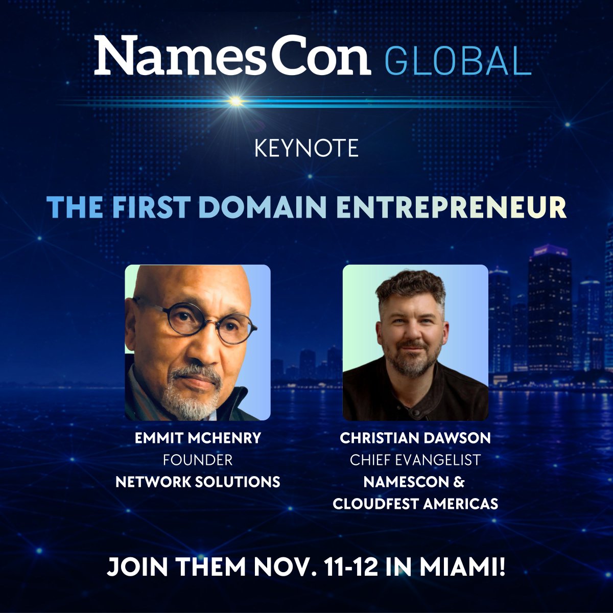 NamesCon's tweet photo. NamesCon Keynote: The First Domain Entrepreneur. 

This is a really rare occasion to hear from someone who started it all...

Before domains became digital assets, somebody had to imagine that digital identity itself could become a business.

As founder of @netsolcares , Emmitt McHenry helped transform domain registration from a technical function into one of the foundations of the commercial Internet. 

In doing so, he helped create the conditions for entrepreneurship, digital ownership, and an industry that today supports countless businesses around the world.

When will you next get to hear such a story?

Learn more: https://t.co/hFk96kIlF7