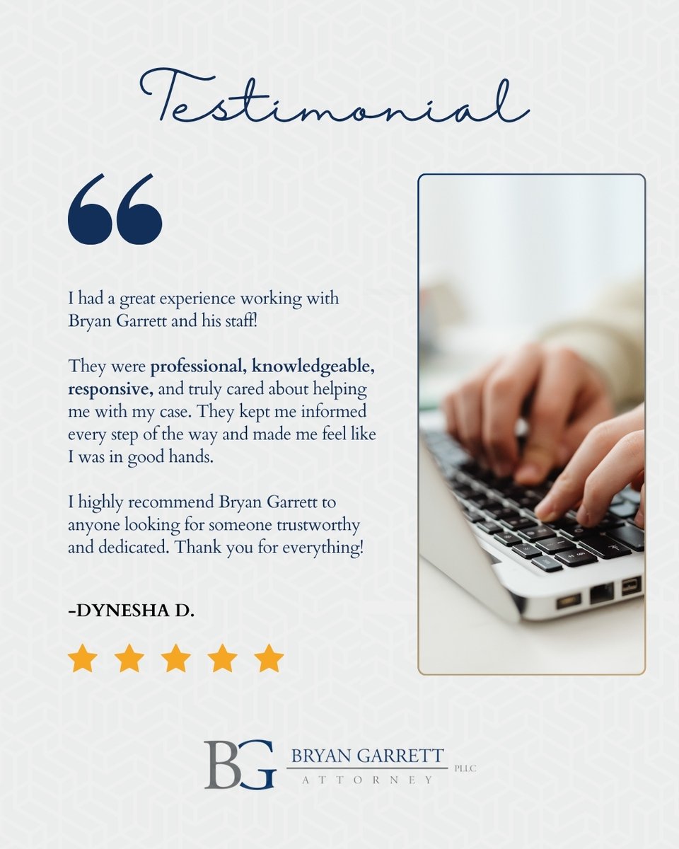 bgarrettpllc's tweet photo. Client Review ⭐️⭐️⭐️⭐️⭐️

You deserve support during tough times. We're here to guide you every step of the way, treating your case with the utmost care. Thank you, Dynesha, for your trust and kind words! 

#ClientReview #PersonalInjuryLawyer #AccidentAttorney ⚖️ https://t.co/cQ2gleOetq