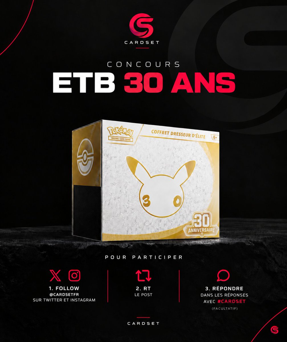 cardsetfr's tweet photo. 🚨 Pour l’ouverture prochaine de la boutique Cardset, on lance un concours !

À gagner : 1 ETB Pokémon 30 Ans 🔥

Pour participer :
1. Suivre @cardsetfr sur X et Instagram
2. RT ce post
3. Facultatif : répondre avec #cardset

Tirage le 28 octobre 🔥

Bonne chance à tous 🍀
#Pokemon #Concours #PokemonTCG #Cardset